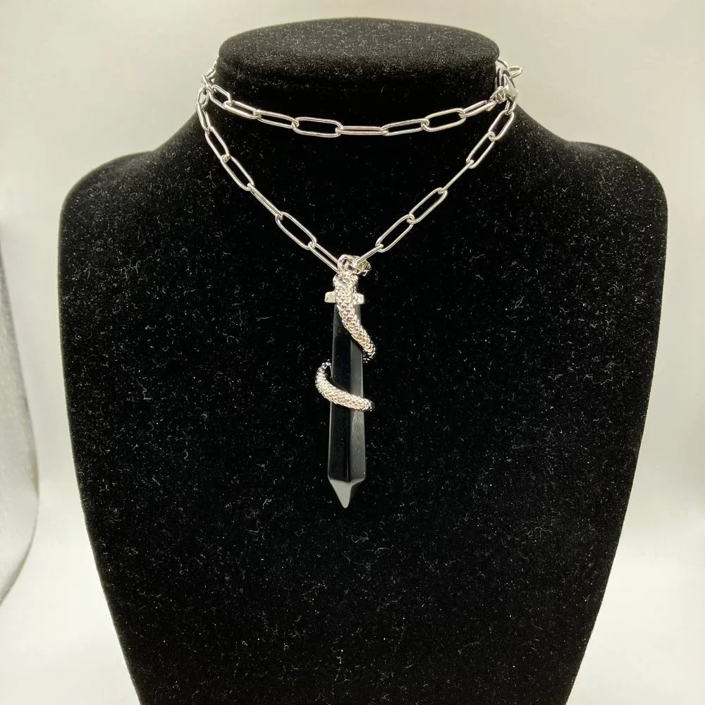 Obsidian Pointed Bullet Pendant snake accent and Stainless Steel Chain